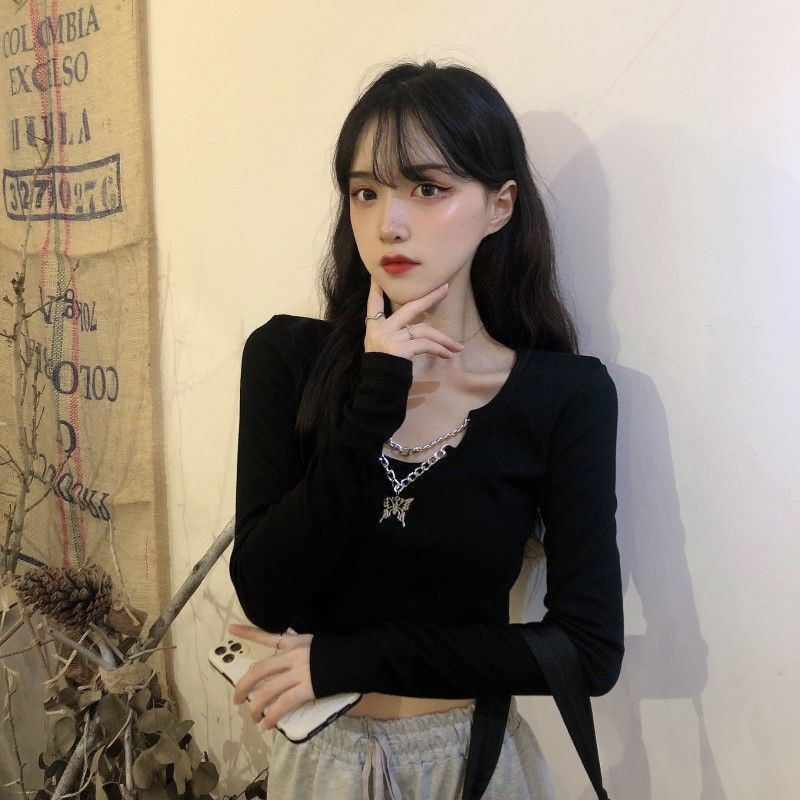 Pólók Női Tiszta Szín Koreai Népszerű Női Nyári Hosszú ujjú Karcsú Egyszerű Diák High Street Crops Lánctervezés Divat