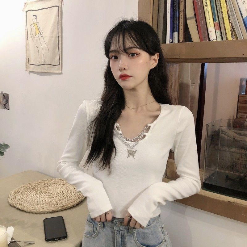 Pólók Női Tiszta Szín Koreai Népszerű Női Nyári Hosszú ujjú Karcsú Egyszerű Diák High Street Crops Lánctervezés Divat