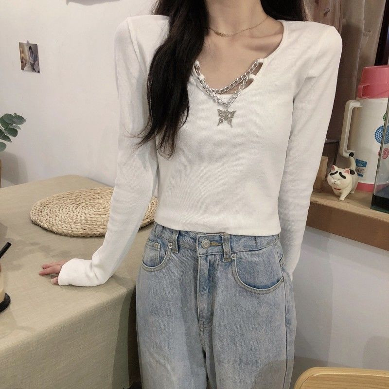 Pólók Női Tiszta Szín Koreai Népszerű Női Nyári Hosszú ujjú Karcsú Egyszerű Diák High Street Crops Lánctervezés Divat