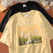 Kaunis lillekrüsanteemiga pilt Prinditud naiste T-särgid Suures suuruses riided Lühikeste varrukatega T-särgid Ümarkaelusega naiste T-särk