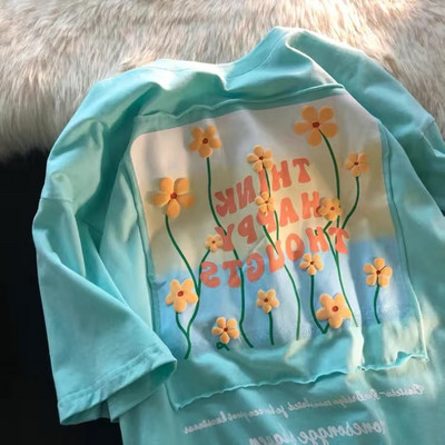 Kaunis lillekrüsanteemiga pilt Prinditud naiste T-särgid Suures suuruses riided Lühikeste varrukatega T-särgid Ümarkaelusega naiste T-särk