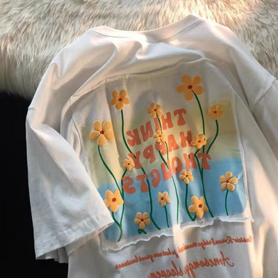 Kaunis lillekrüsanteemiga pilt Prinditud naiste T-särgid Suures suuruses riided Lühikeste varrukatega T-särgid Ümarkaelusega naiste T-särk