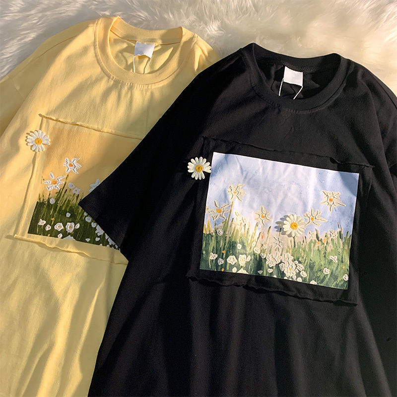 Tricouri pentru femei cu imprimeu cu imagini cu flori frumoase de crizantemă, haine de mărime mare, tricou cu mâneci scurte, tricou pentru femei cu gât rotund