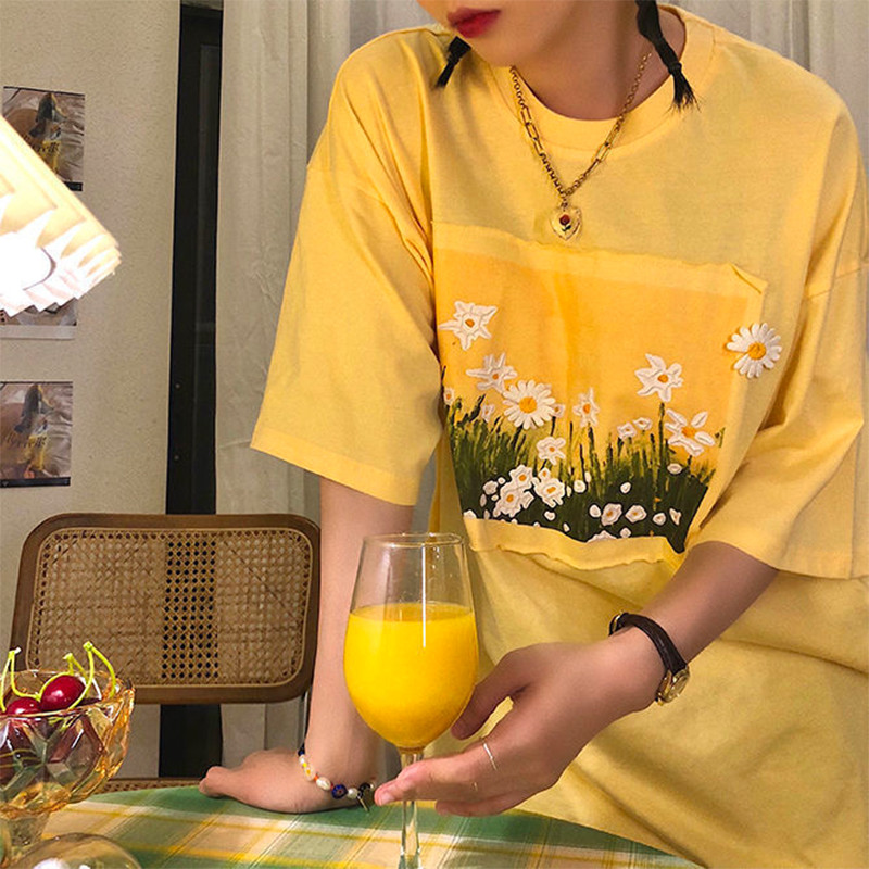 Tricouri pentru femei cu imprimeu cu imagini cu flori frumoase de crizantemă, haine de mărime mare, tricou cu mâneci scurte, tricou pentru femei cu gât rotund