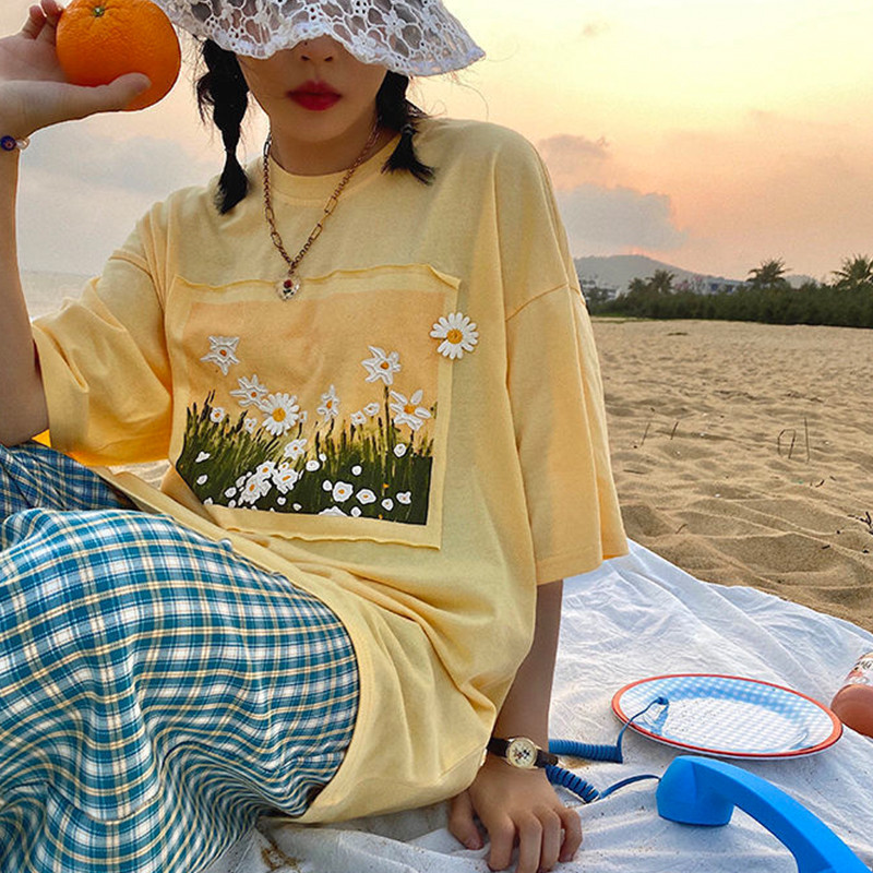 Tricouri pentru femei cu imprimeu cu imagini cu flori frumoase de crizantemă, haine de mărime mare, tricou cu mâneci scurte, tricou pentru femei cu gât rotund