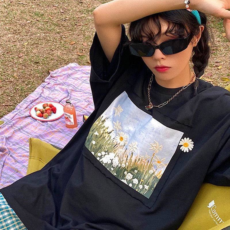 Tricouri pentru femei cu imprimeu cu imagini cu flori frumoase de crizantemă, haine de mărime mare, tricou cu mâneci scurte, tricou pentru femei cu gât rotund