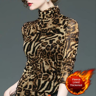 Cămașă cu fundul 2022 pentru femei, în stil străin, cu imprimeu de leopard, tricou cu mâneci lungi, cu gât înalt, subțire, toamnă, top nou