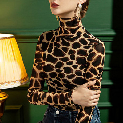 Cămașă cu fundul 2022 pentru femei, în stil străin, cu imprimeu de leopard, tricou cu mâneci lungi, cu gât înalt, subțire, toamnă, top nou