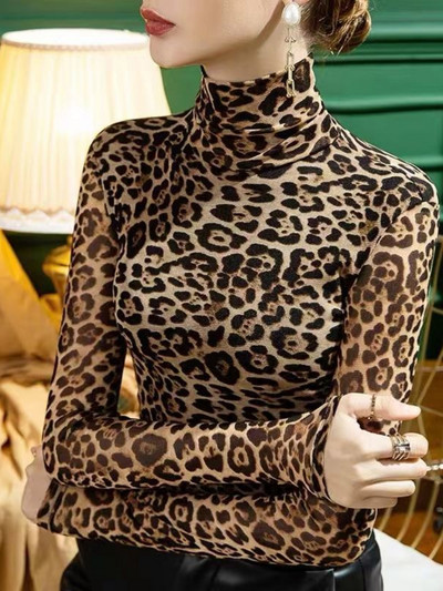 Cămașă cu fundul 2022 pentru femei, în stil străin, cu imprimeu de leopard, tricou cu mâneci lungi, cu gât înalt, subțire, toamnă, top nou
