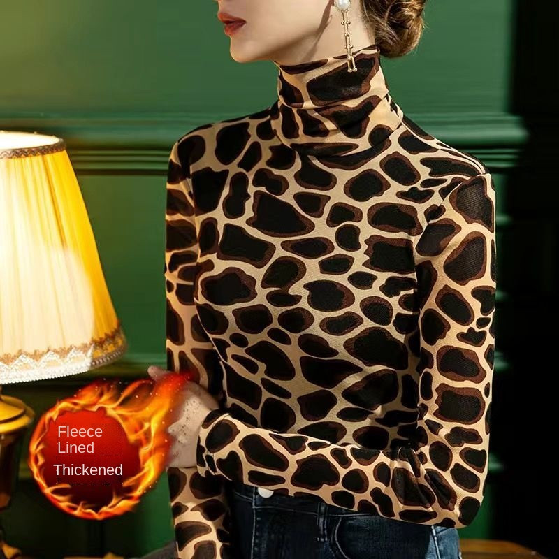 Cămașă cu fundul 2022 pentru femei, în stil străin, cu imprimeu de leopard, tricou cu mâneci lungi, cu gât înalt, subțire, toamnă, top nou
