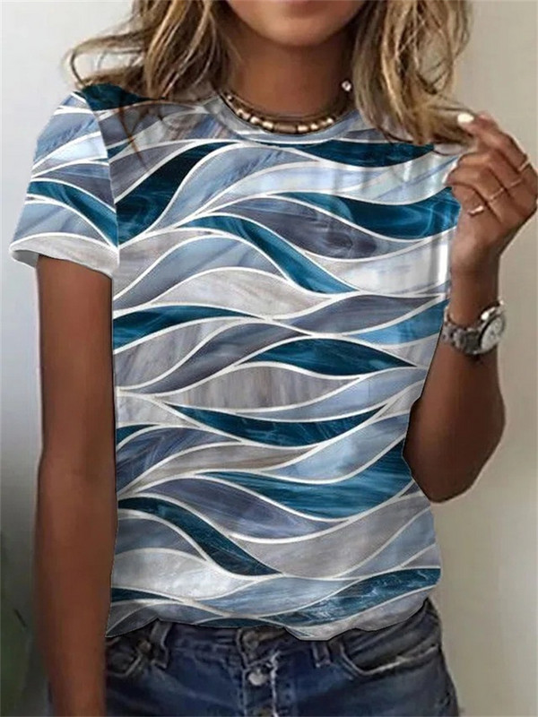 2022 nou tricou de vară cu mânecă scurtă, cu gât rotund, pentru femei, la modă, vintage, tricou cu imprimeu abstract 3D, pentru femei, ocazional, topuri stradale largi