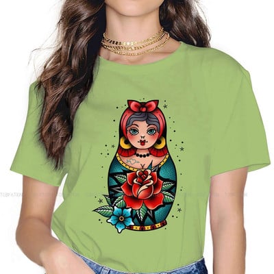 Matrjoška Babuška Slaganje Ruski čaj 100% pamuk Majice s tradicionalnim tetovažama stare škole Personalizirajte žensku majicu 4XL