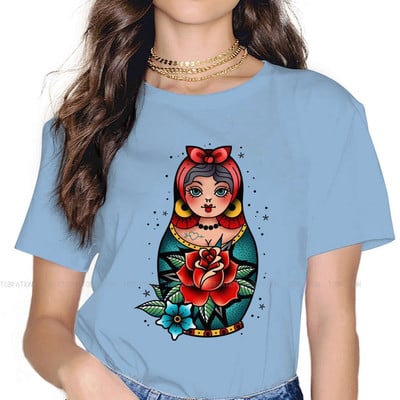Matrjoška Babuška Slaganje Ruski čaj 100% pamuk Majice s tradicionalnim tetovažama stare škole Personalizirajte žensku majicu 4XL