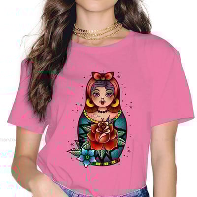 Matrjoška Babuška Slaganje Ruski čaj 100% pamuk Majice s tradicionalnim tetovažama stare škole Personalizirajte žensku majicu 4XL