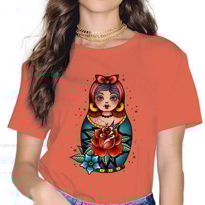 Matrjoška Babuška Slaganje Ruski čaj 100% pamuk Majice s tradicionalnim tetovažama stare škole Personalizirajte žensku majicu 4XL