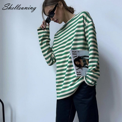 Shellsuning Autumn New Stripe Sleeve T Shirt Women Casual Loose Harajuku All-Match Tee Женски корейски минималистични топове с о-образно деколте