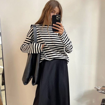 Shellsuning Tricou cu mânecă lungă cu dungi noi de toamnă pentru femei, ocazional, largi Harajuku, tricou pentru femei, coreeană, cu gât în formă de topuri minimaliste