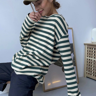 Shellsuning Tricou cu mânecă lungă cu dungi noi de toamnă pentru femei, ocazional, largi Harajuku, tricou pentru femei, coreeană, cu gât în formă de topuri minimaliste