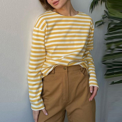 Shellsuning Tricou cu mânecă lungă cu dungi noi de toamnă pentru femei, ocazional, largi Harajuku, tricou pentru femei, coreeană, cu gât în formă de topuri minimaliste