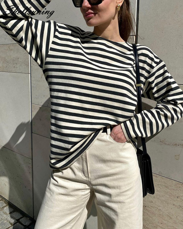 Shellsuning Tricou cu mânecă lungă cu dungi noi de toamnă pentru femei, ocazional, largi Harajuku, tricou pentru femei, coreeană, cu gât în formă de topuri minimaliste