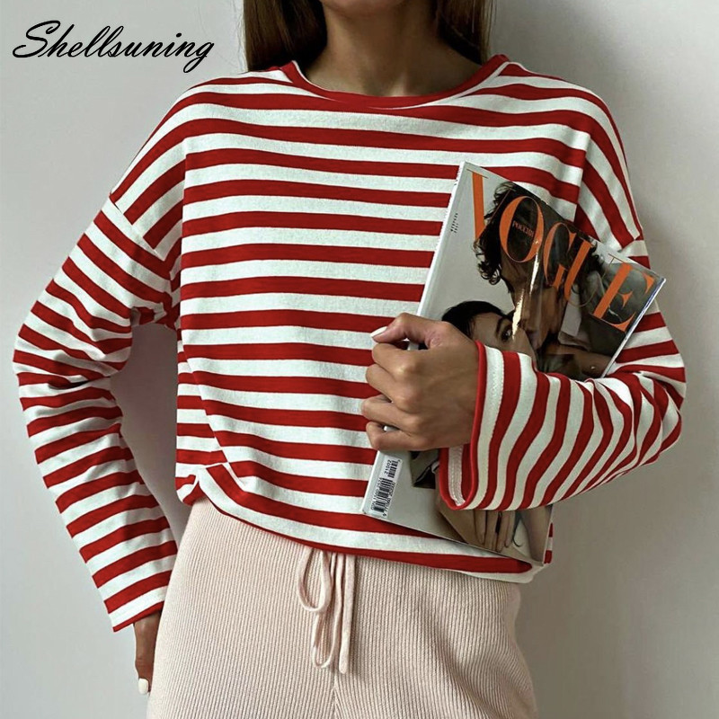 Shellsuning Tricou cu mânecă lungă cu dungi noi de toamnă pentru femei, ocazional, largi Harajuku, tricou pentru femei, coreeană, cu gât în formă de topuri minimaliste
