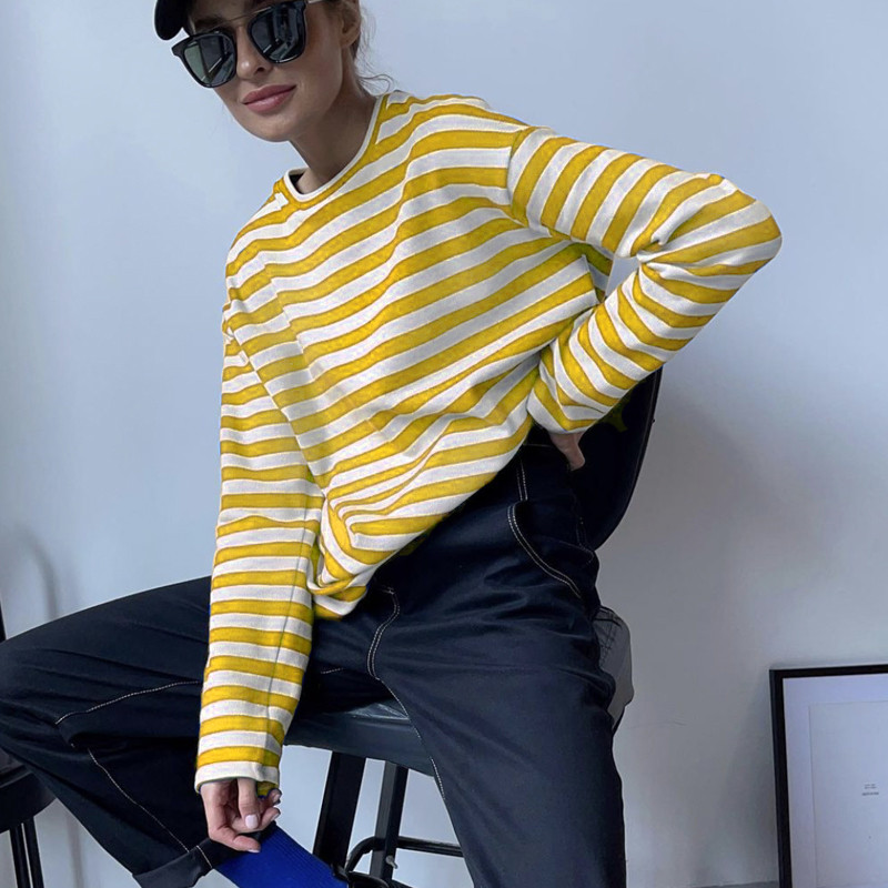 Shellsuning Tricou cu mânecă lungă cu dungi noi de toamnă pentru femei, ocazional, largi Harajuku, tricou pentru femei, coreeană, cu gât în formă de topuri minimaliste
