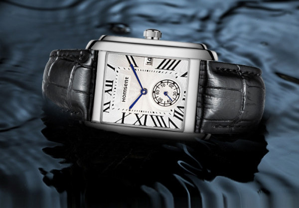 Vyriškas laikrodis su stačiakampiu ciferblatu ir ekologiškos odos apyranke