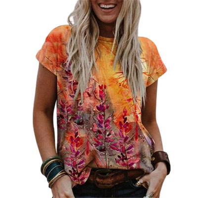 2021 m. Nauji moteriški Boho 3D gėlėmis marginti marškinėliai Vasariniai trumpomis rankovėmis O formos iškirpte, laisvi laisvalaikio viršūnės Gatvės drabužiai, moteriškas dydis 4XL 5XL marškinėliai