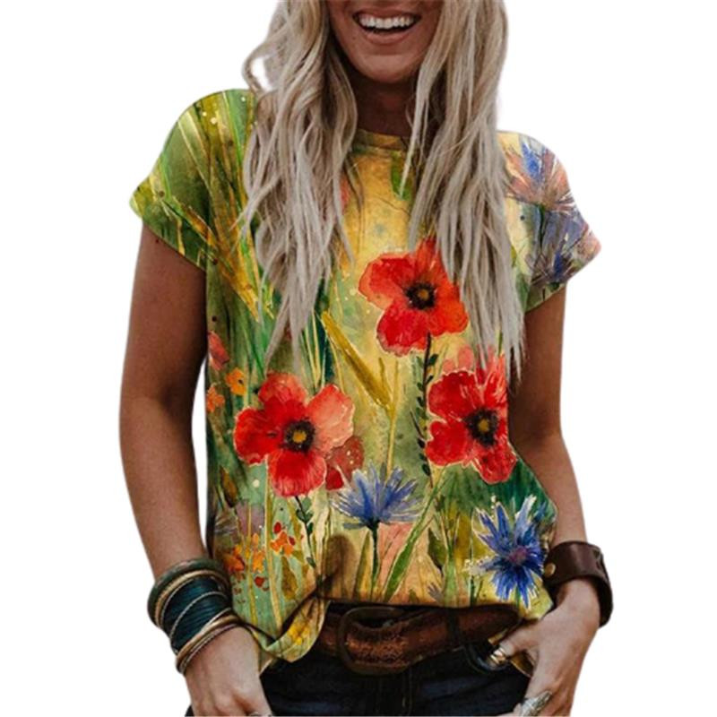 2021 m. Nauji moteriški Boho 3D gėlėmis marginti marškinėliai Vasariniai trumpomis rankovėmis O formos iškirpte, laisvi laisvalaikio viršūnės Gatvės drabužiai, moteriškas dydis 4XL 5XL marškinėliai