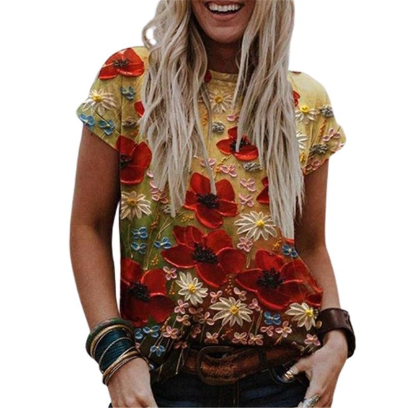 2021 m. Nauji moteriški Boho 3D gėlėmis marginti marškinėliai Vasariniai trumpomis rankovėmis O formos iškirpte, laisvi laisvalaikio viršūnės Gatvės drabužiai, moteriškas dydis 4XL 5XL marškinėliai