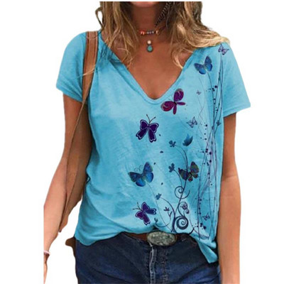 2021 m. vasaros marškinėliai, moteriški trumpomis rankovėmis V formos iškirpte, drugeliais marginti viršutiniai laisvalaikio gatvių drabužiai Laisvi moteriški marškinėliai, medvilniniai 3XL