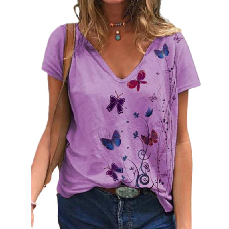 2021-es nyári póló női rövid ujjú, V-nyakú pillangós mintás felsők Alkalmi utcai ruházat, laza női póló méretű pamut felső, 3XL