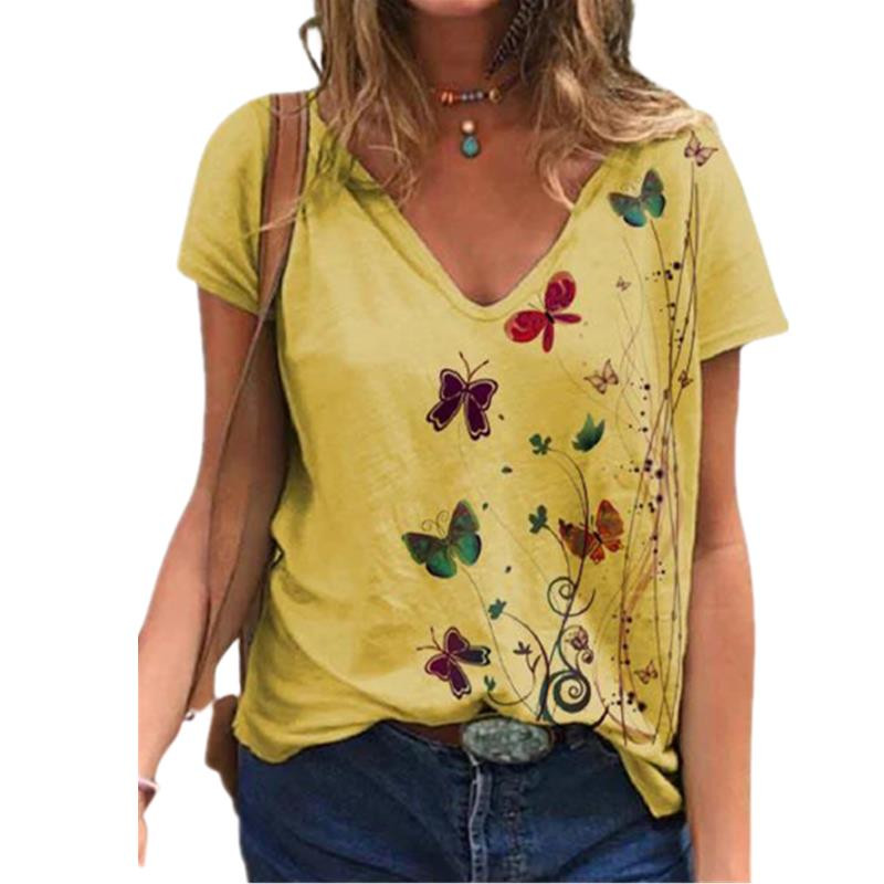 2021-es nyári póló női rövid ujjú, V-nyakú pillangós mintás felsők Alkalmi utcai ruházat, laza női póló méretű pamut felső, 3XL