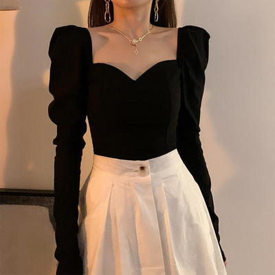 Francia, buborékos ujjú felső női póló, vékony őszi és téli design Szexi, hosszú ujjú, négyzet alakú nyakú póló