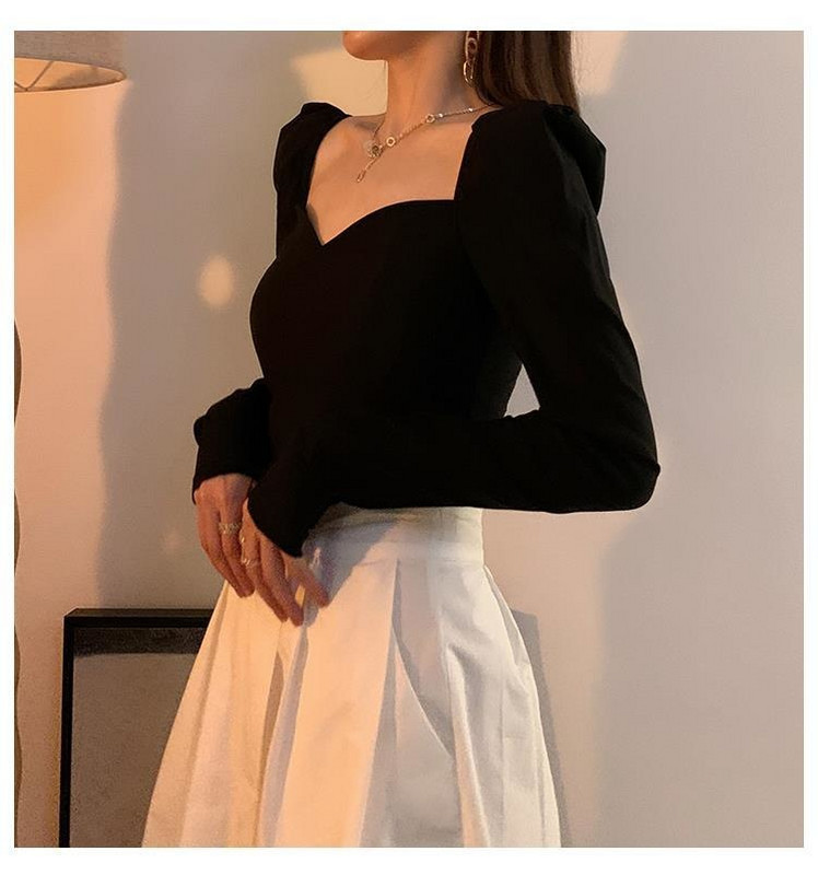 Francia, buborékos ujjú felső női póló, vékony őszi és téli design Szexi, hosszú ujjú, négyzet alakú nyakú póló