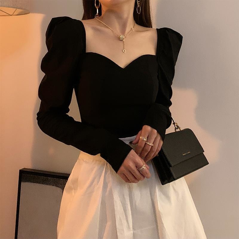 Francia, buborékos ujjú felső női póló, vékony őszi és téli design Szexi, hosszú ujjú, négyzet alakú nyakú póló