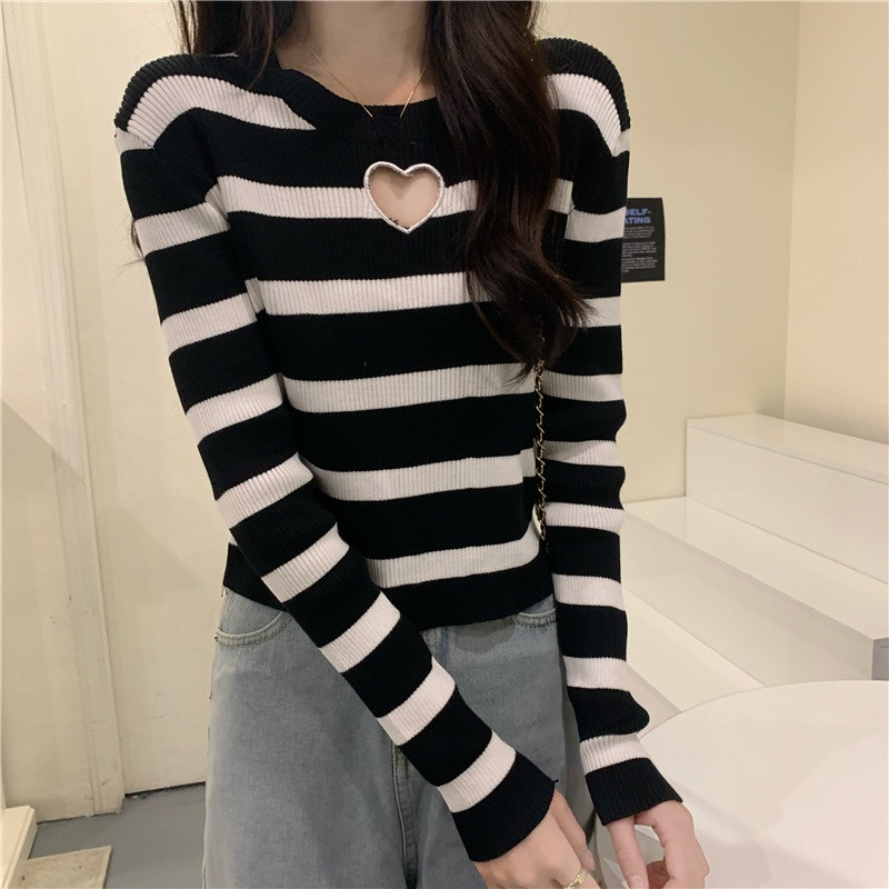 KOSAHIKI Tricou tricotat de bază ocazional Topuri cu dungi vintage Tricou cu design scobit cu inimă Toate se potrivesc Tricoturi de bază Y2k Toamna 2022