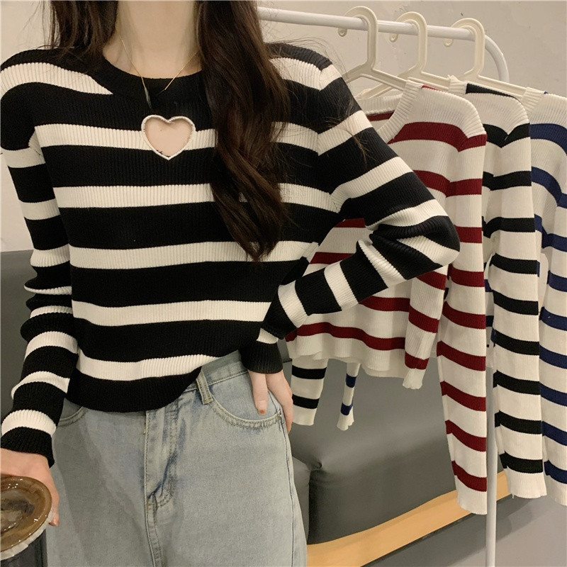 KOSAHIKI Tricou tricotat de bază ocazional Topuri cu dungi vintage Tricou cu design scobit cu inimă Toate se potrivesc Tricoturi de bază Y2k Toamna 2022