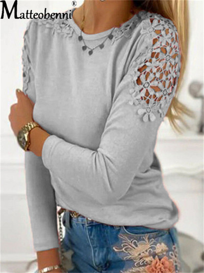 Rudens sieviešu modes vienkrāsaini, tievi, mežģīņu raibumi, izliekti T-krekls ar garām piedurknēm, 2021. gada dāmu vintage ikdienas brīvi ielu topi