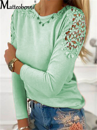 Rudens sieviešu modes vienkrāsaini, tievi, mežģīņu raibumi, izliekti T-krekls ar garām piedurknēm, 2021. gada dāmu vintage ikdienas brīvi ielu topi