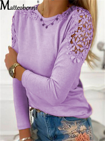 Rudens sieviešu modes vienkrāsaini, tievi, mežģīņu raibumi, izliekti T-krekls ar garām piedurknēm, 2021. gada dāmu vintage ikdienas brīvi ielu topi