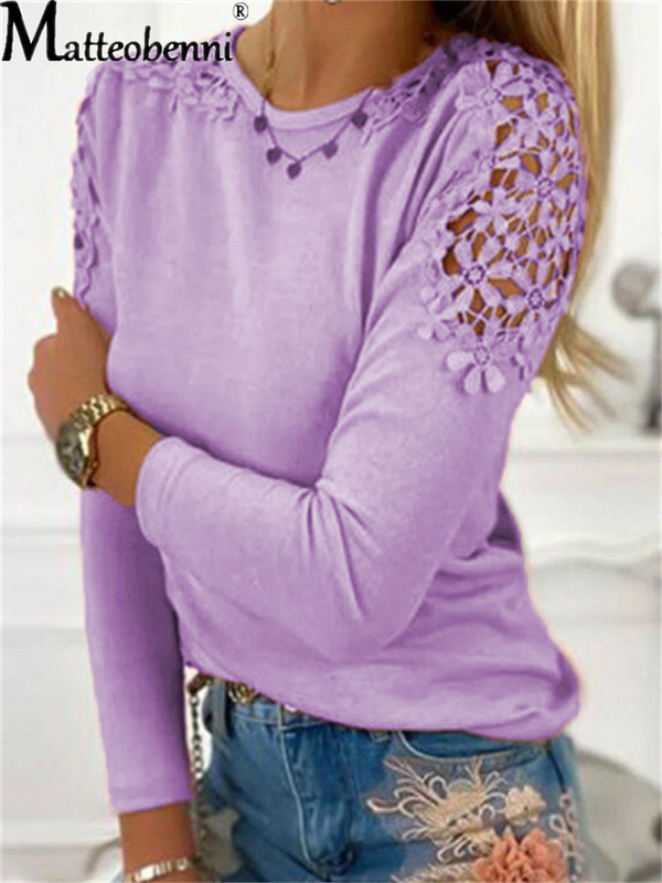 Rudens sieviešu modes vienkrāsaini, tievi, mežģīņu raibumi, izliekti T-krekls ar garām piedurknēm, 2021. gada dāmu vintage ikdienas brīvi ielu topi