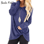 Női felső őszi tavaszi pólók Új csavart csomós szabálytalan ing O-nyakú robbanó ingek Causal Solid Blusas alsó felső GV989