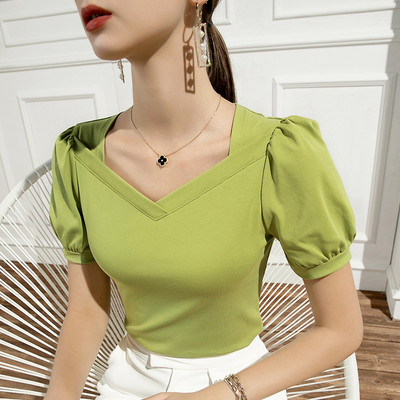 Tricou cu mâneci bufante, retro, franțuzesc, de vară, cu mânecă scurtă, subțire, din bumbac, guler pătrat, top de primăvară și vară, de culoare uni