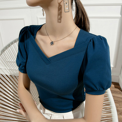 Tricou cu mâneci bufante, retro, franțuzesc, de vară, cu mânecă scurtă, subțire, din bumbac, guler pătrat, top de primăvară și vară, de culoare uni