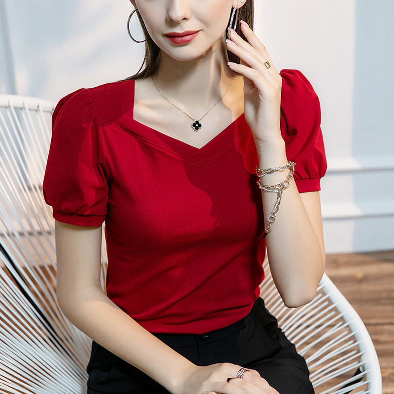 Tricou cu mâneci bufante, retro, franțuzesc, de vară, cu mânecă scurtă, subțire, din bumbac, guler pătrat, top de primăvară și vară, de culoare uni