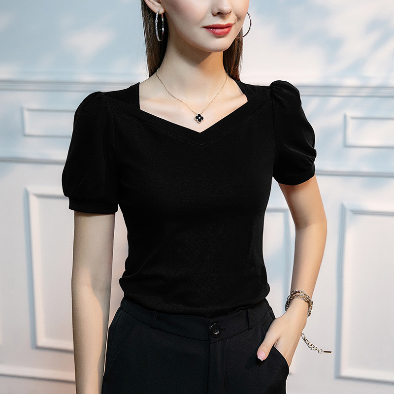 Tricou cu mâneci bufante, retro, franțuzesc, de vară, cu mânecă scurtă, subțire, din bumbac, guler pătrat, top de primăvară și vară, de culoare uni