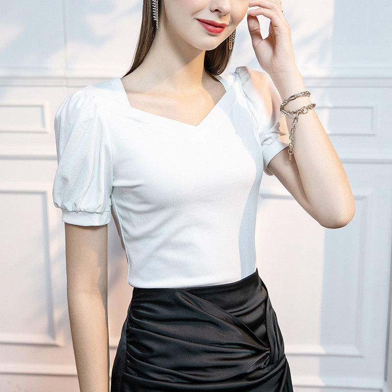 Tricou cu mâneci bufante, retro, franțuzesc, de vară, cu mânecă scurtă, subțire, din bumbac, guler pătrat, top de primăvară și vară, de culoare uni