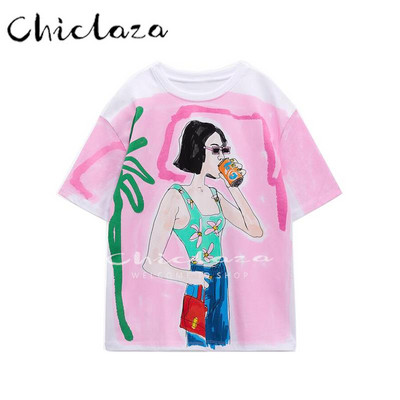 CHICLAZA 2022 m. vasaros moteriški marginti medvilniniai marškinėliai, moteriški madingi trumpomis rankovėmis su iškirpte laisvalaikio marškinėliai