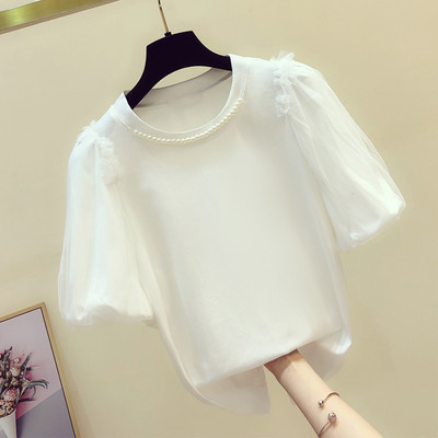 Pamučna majica kratkih rukava s biserima i O-izrezom ženska elegantna bijela majica kratkih rukava femme korejski modis majice nove ljetne majice 2022.